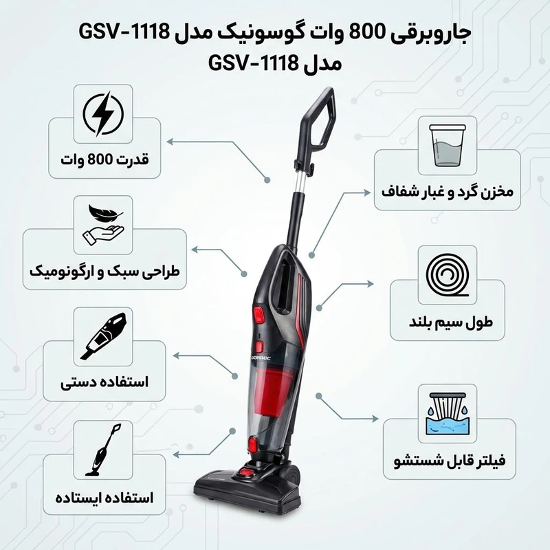 جاروبرقی ایستاده مخزن‌دار کیسه‌ای گوسونیک مدل GSV-1118